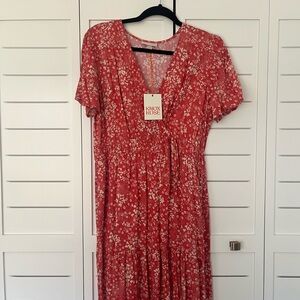 NWT Knox Rose Boho Pink Red Floral Maxi Smock Waist Dress with Cream Print Sz M